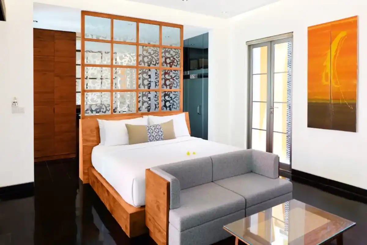 Pool villa bedroom interior with modern Balinese decor