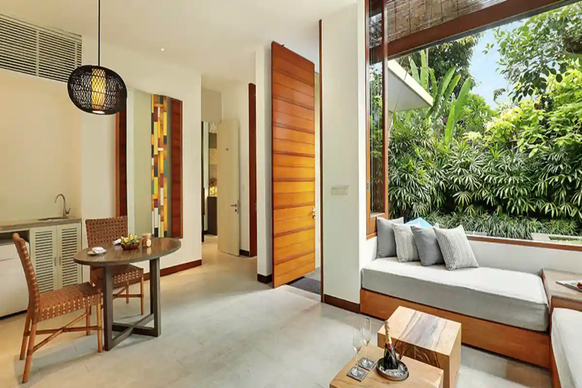 Living area of one bedroom villa with open design